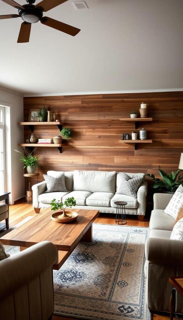 Rustic farmhouse living room featuring reclaimed wood coffee table, shelving, and accent wall