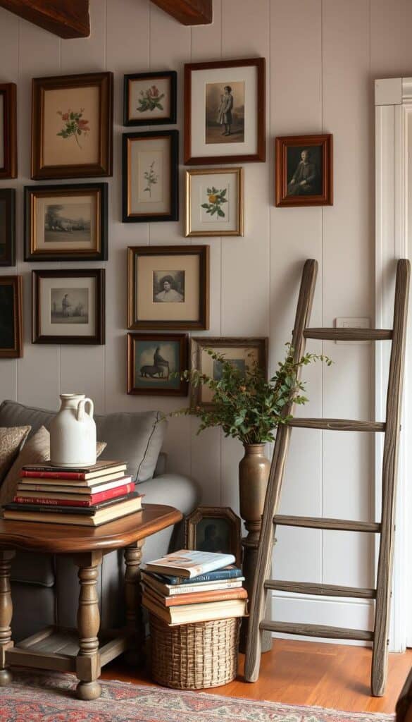 Rustic farmhouse living room featuring vintage accessories, antique frames, and repurposed items