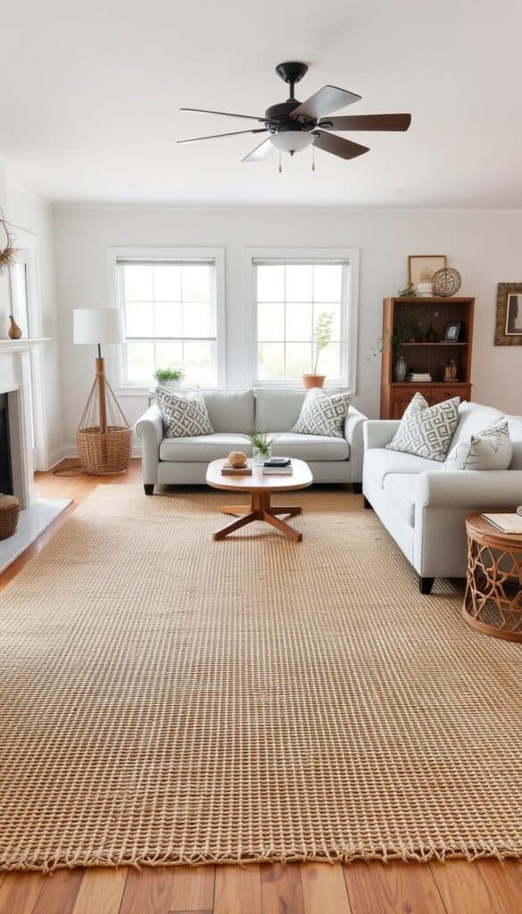 Rustic farmhouse living room with jute or sisal area rug defining the seating area