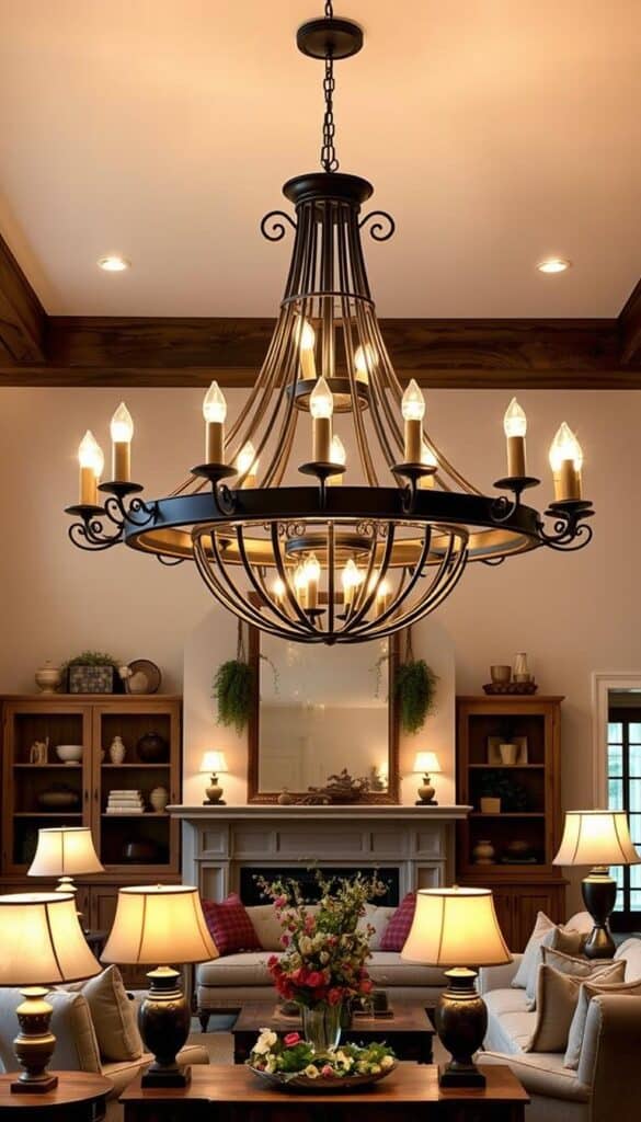 Rustic farmhouse living room with statement chandelier, wall sconces, and ambient lighting