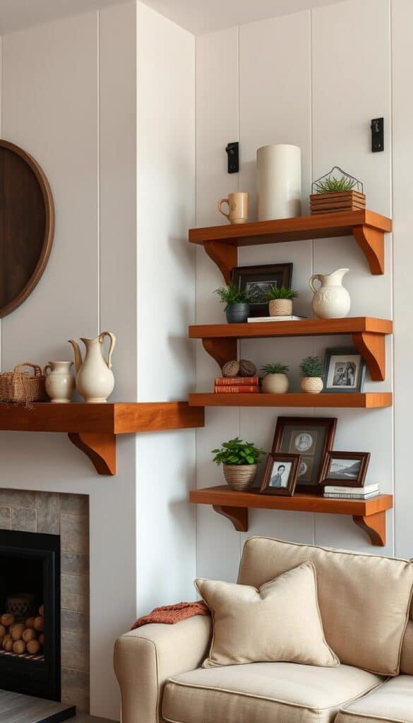 Rustic farmhouse living room with wooden floating shelves displaying vintage collections and plants