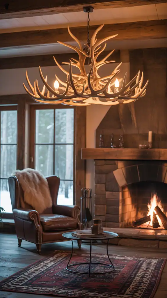 Rustic living room with antler chandelier providing warm lighting