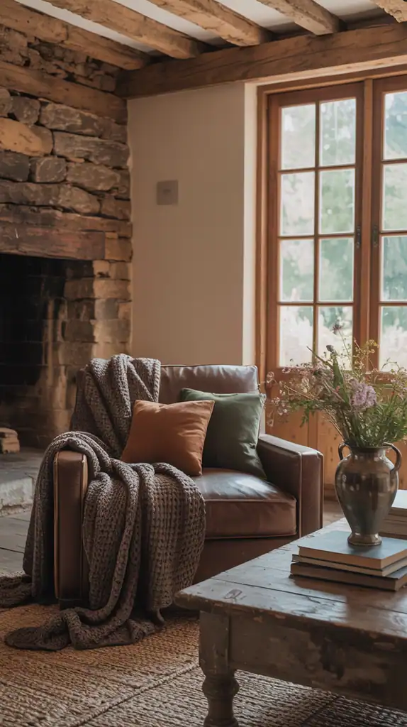 Rustic living room with earthy color palette of browns, greens, and neutrals