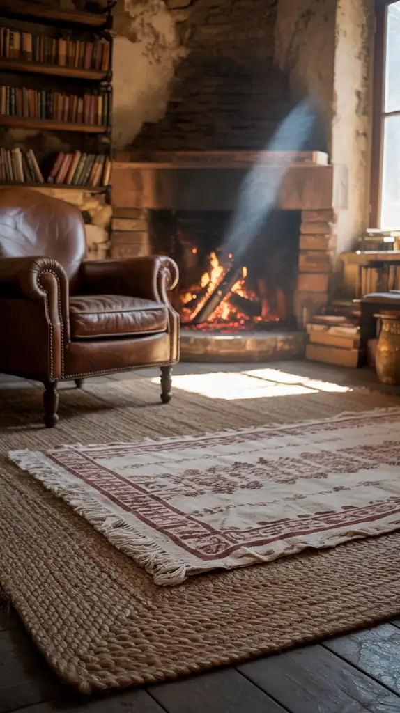 Rustic living room with jute rug layered with smaller wool accent rug