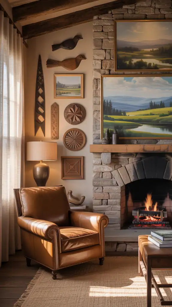Rustic living room with landscape paintings and wooden wall art