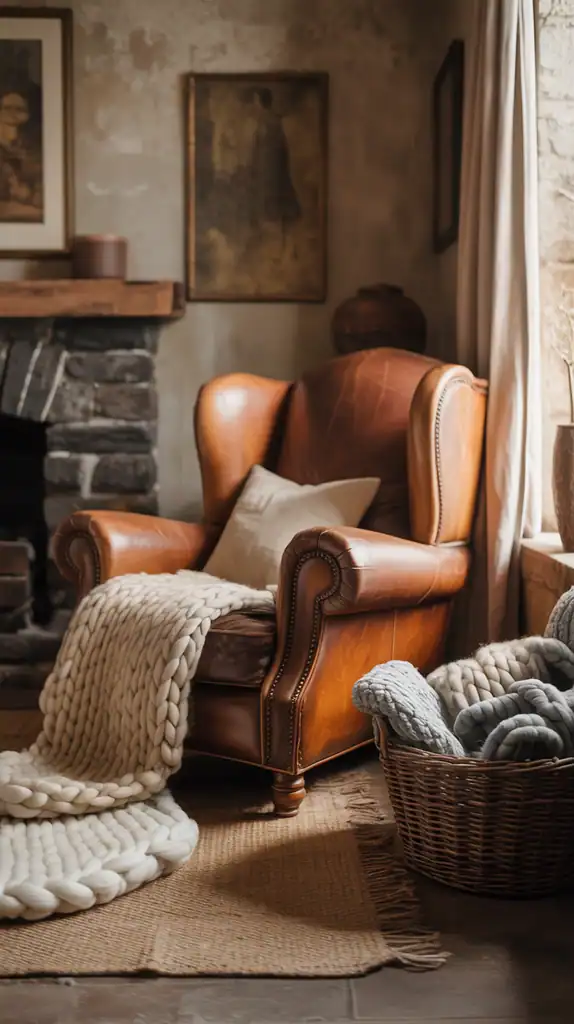 Rustic living room with multiple textural layers including wool throws, leather furniture, and woven baskets