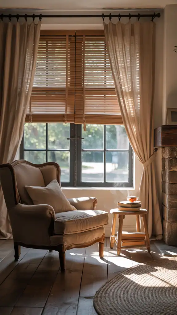 Rustic living room with natural linen curtains and wooden blinds