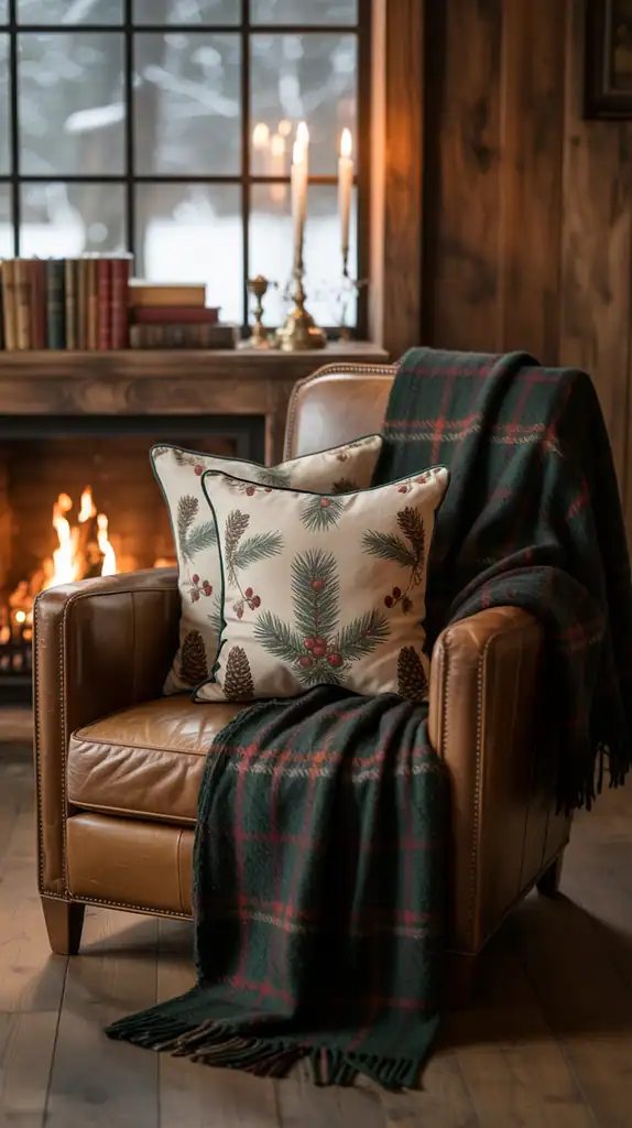Rustic living room with plaid throw blankets and pillows