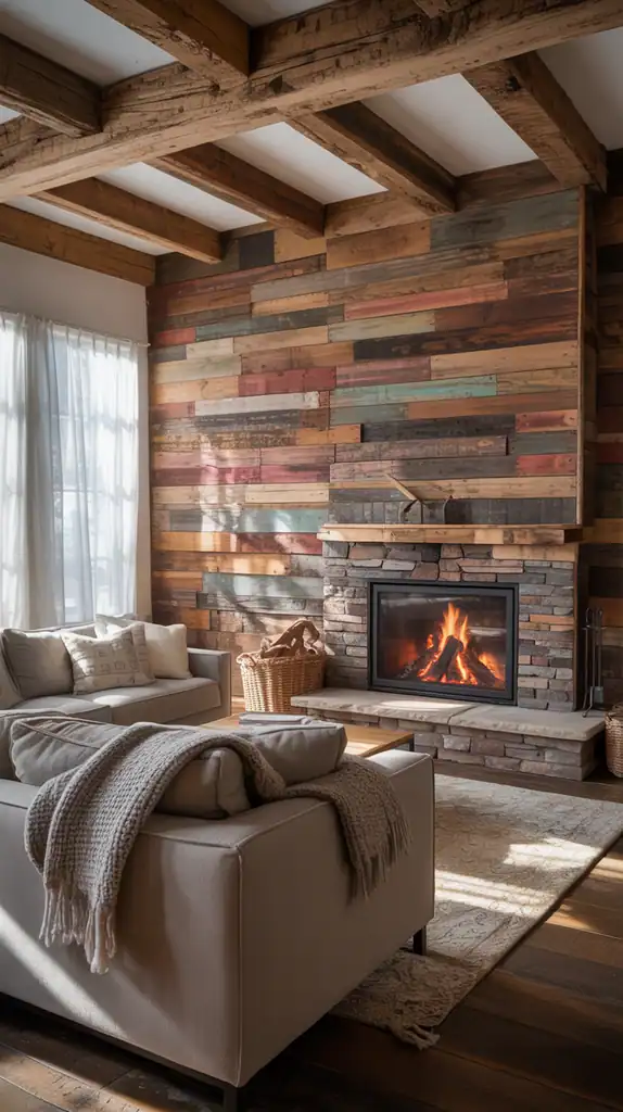 Rustic living room with reclaimed wood accent wall and wooden beams