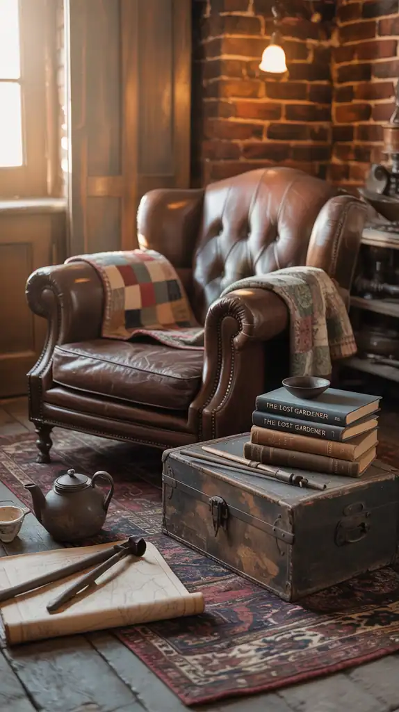 Rustic living room with vintage accessories like old books, antique tools, and weathered trunks
