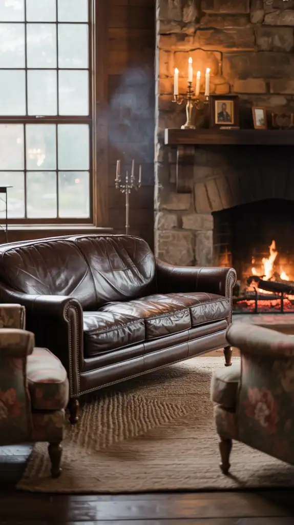 Rustic living room with worn leather sofa and armchairs