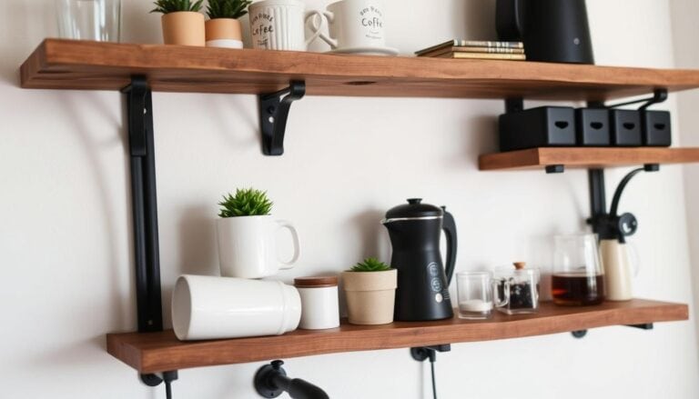 Rustic wooden shelf with iron brackets for coffee station decor