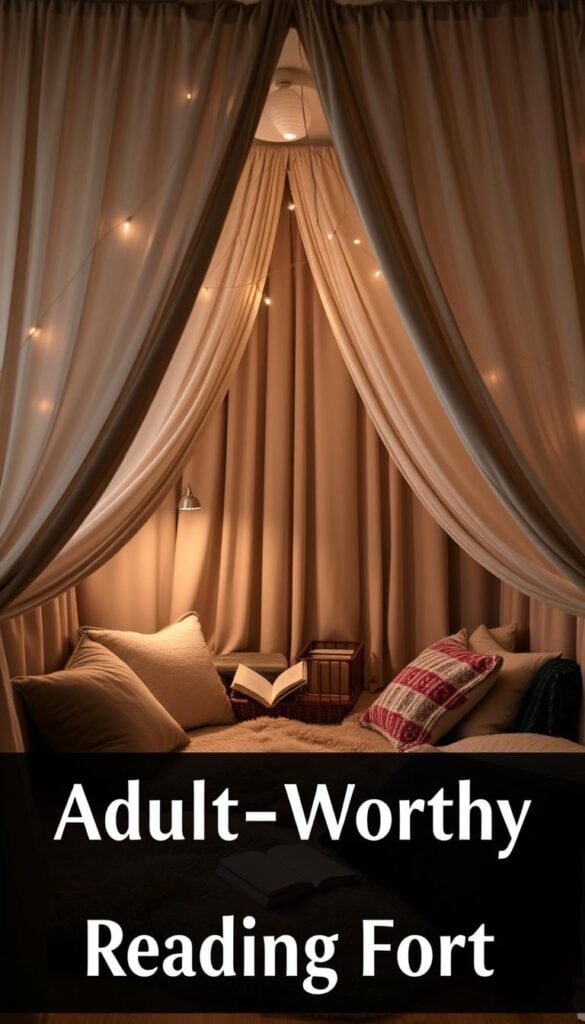 Sophisticated adult reading fort with bookshelves, comfortable seating and soft textiles