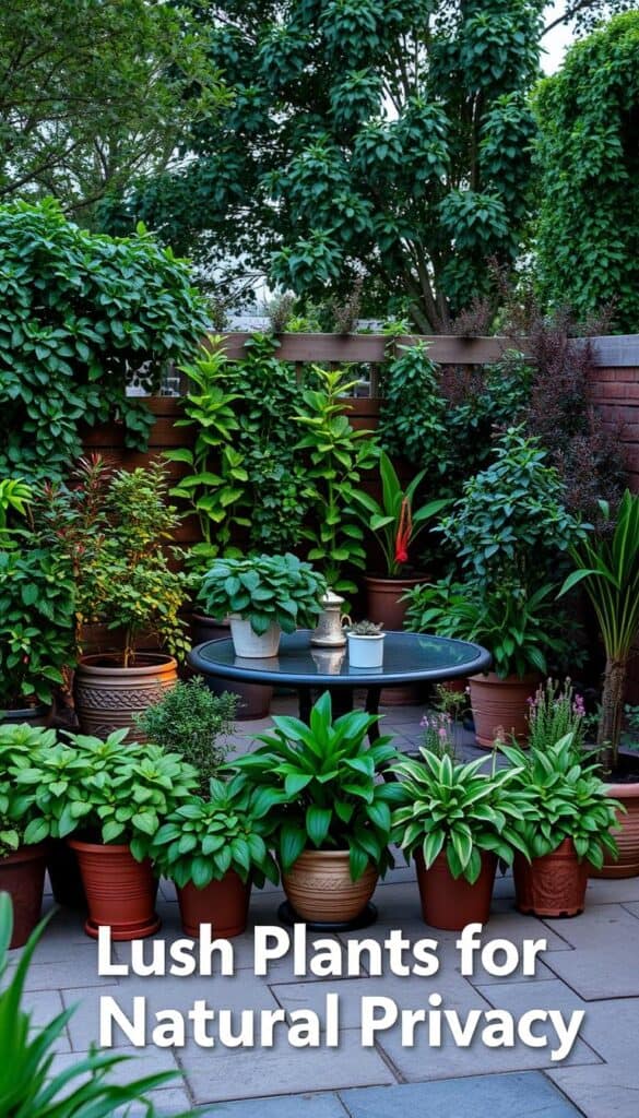 Strategic arrangement of potted plants creating privacy and ambiance on a patio Strategic arrangement of potted plants creating privacy and ambiance on a patio