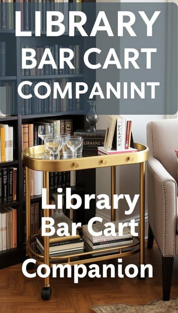Stylish bar cart next to bookshelf in cozy home library design