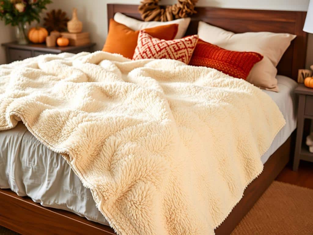 Sunday Citizen Snug Bed Blanket in cream color layered on a bed with autumn-colored pillows and decor