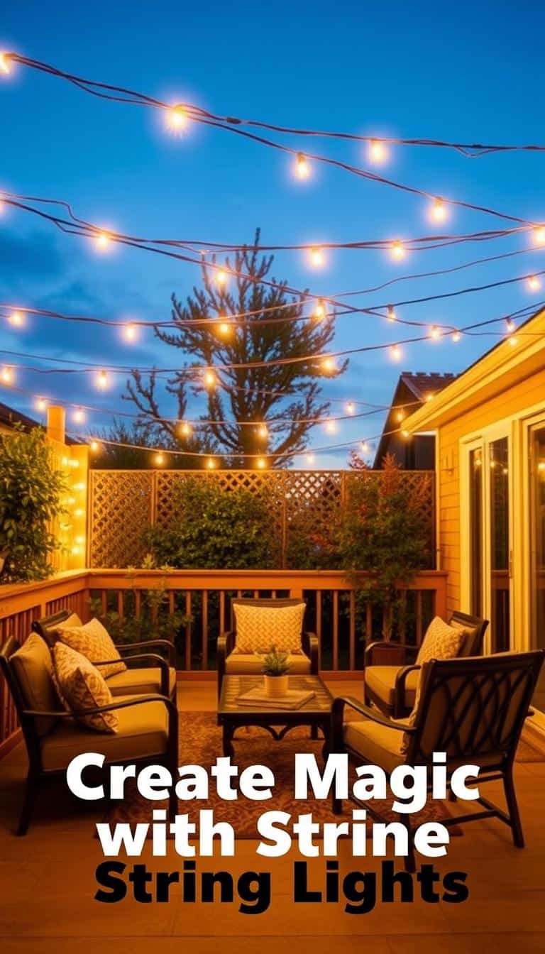 Warm string lights creating a cozy patio atmosphere with soft golden glow