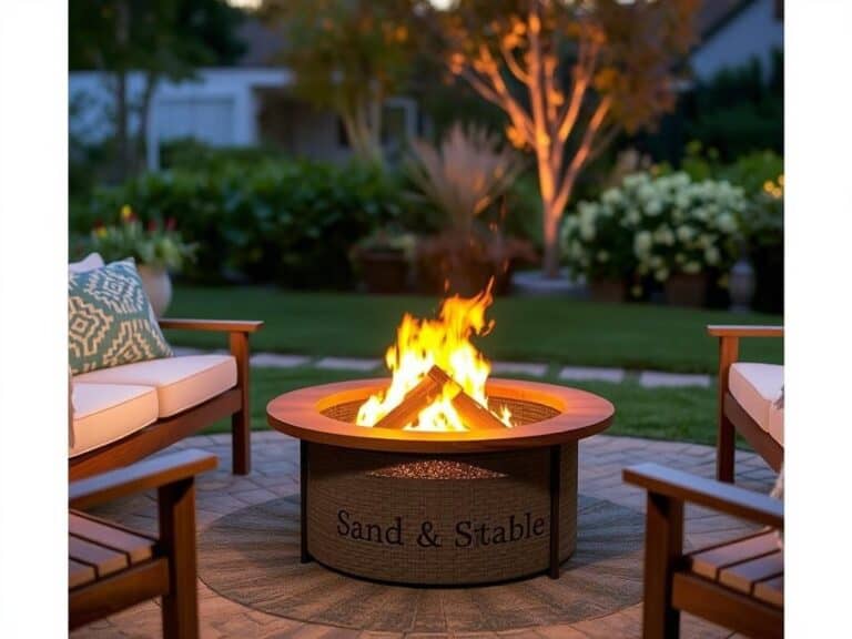 Wood-burning firepit from Wayfair with flames and seating around it
