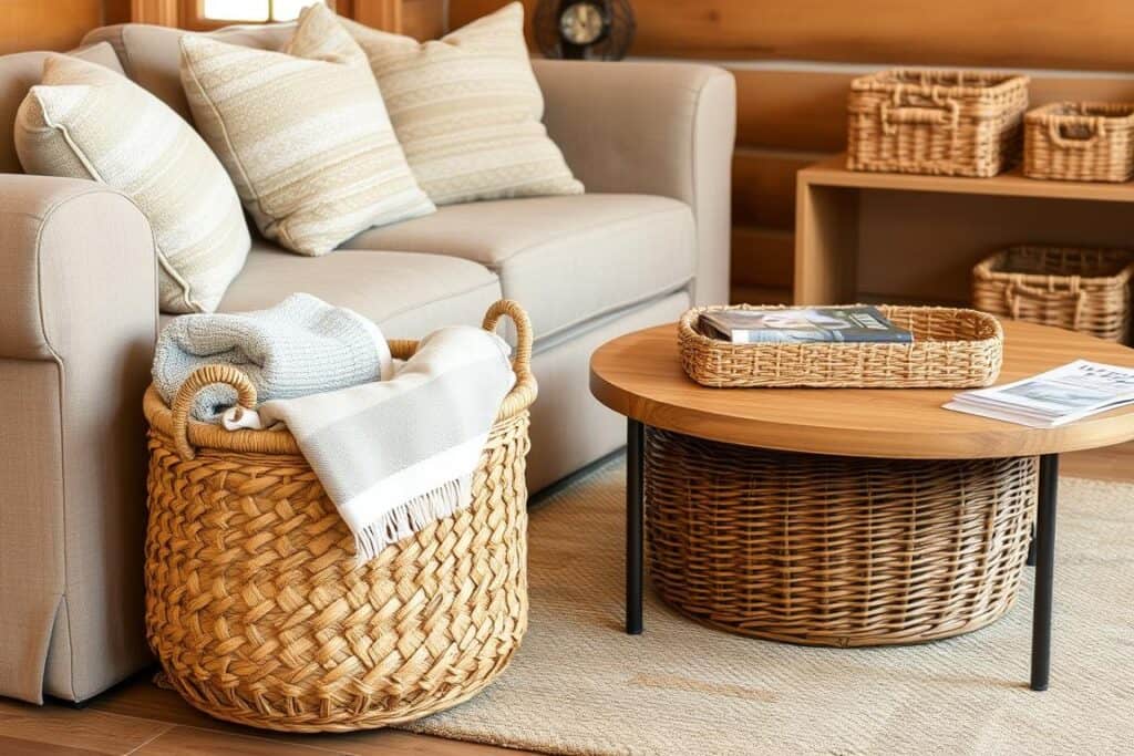 Woven baskets used for storage in a living room with cozy cabin aesthetic