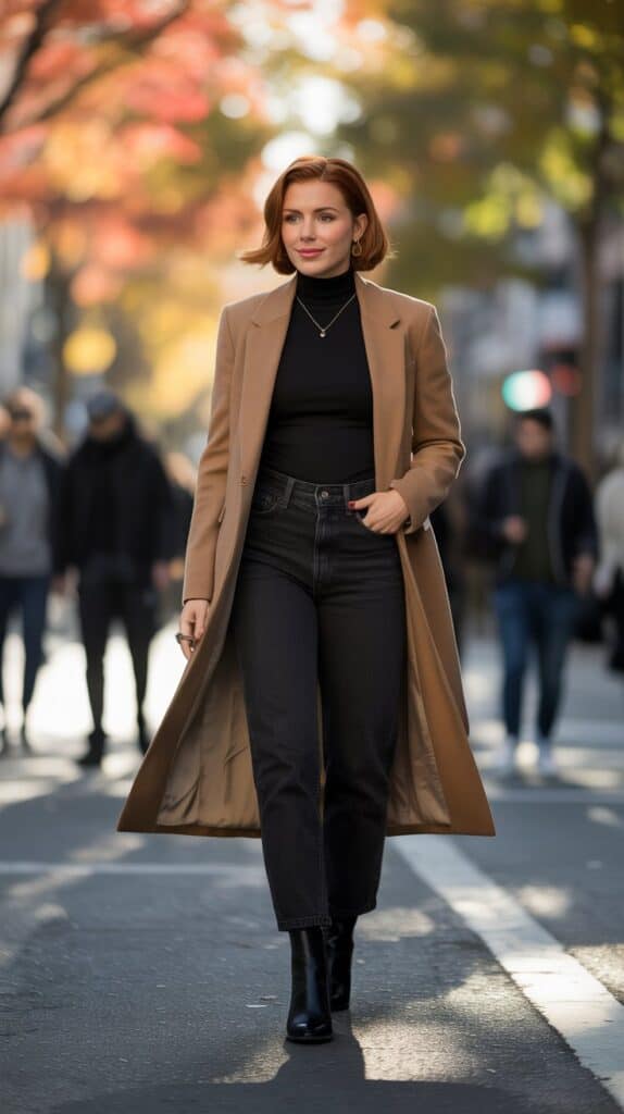 Stylish woman in a camel longline coat layered over a turtleneck and straight-leg jeans, walking down a city street in sleek black ankle boots, fall foliage in the background.