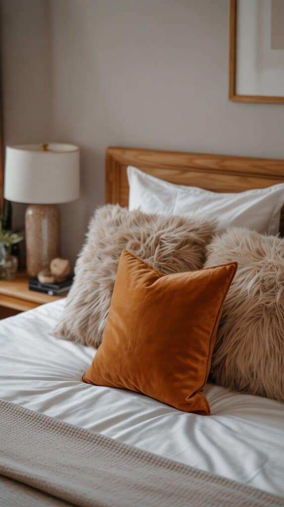 A cozy bed with white sheets, fluffy pillows, and an orange pillow, creating a warm atmosphere.