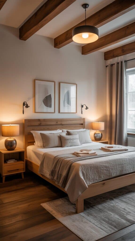 A cozy bedroom featuring rustic wooden accents, including a wooden bed frame, nightstands, and exposed beams on the ceiling.d