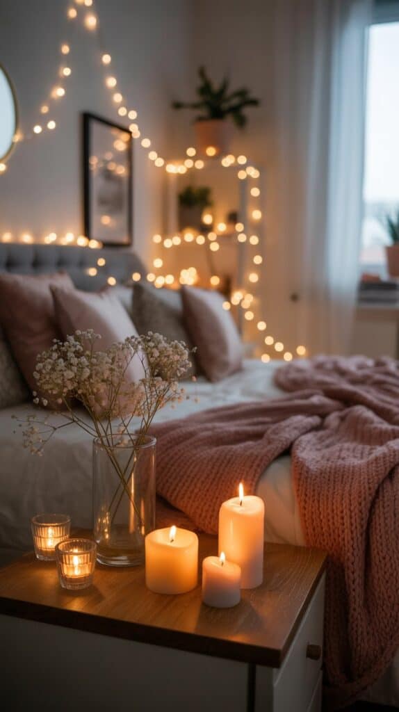 A cozy bedroom with candles and fairy lights creating a warm atmosphere.