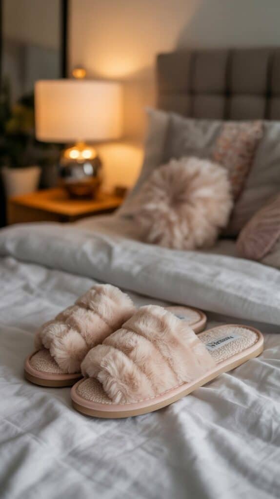 A cozy pair of fluffy slippers placed on a bed with soft bedding and a lamp in the background.