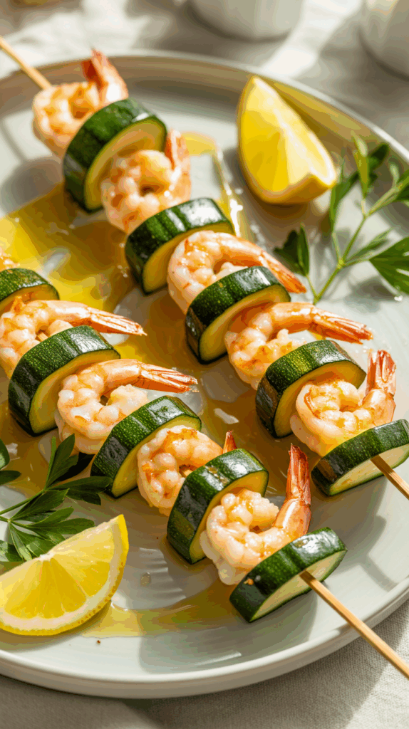 A plate of grilled zucchini and shrimp skewers garnished with lemon and parsley.