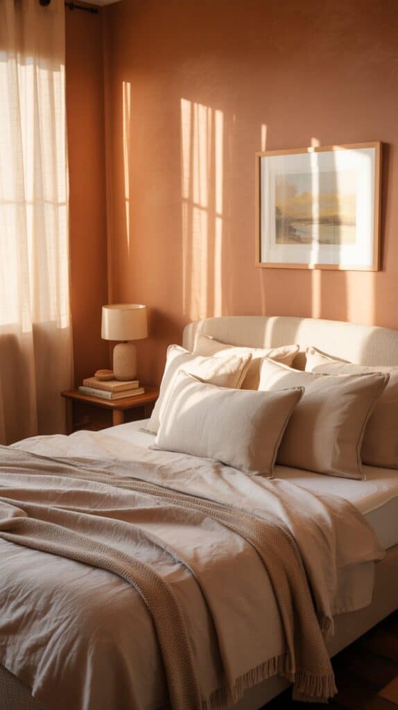 Cozy bedroom with warm earthy color palette, featuring terracotta walls, neutral bedding, and decorative artwork.