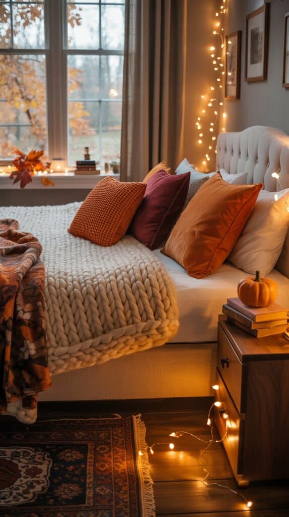 Cozy fall-themed bedroom with warm colors, pumpkins, and soft bedding.