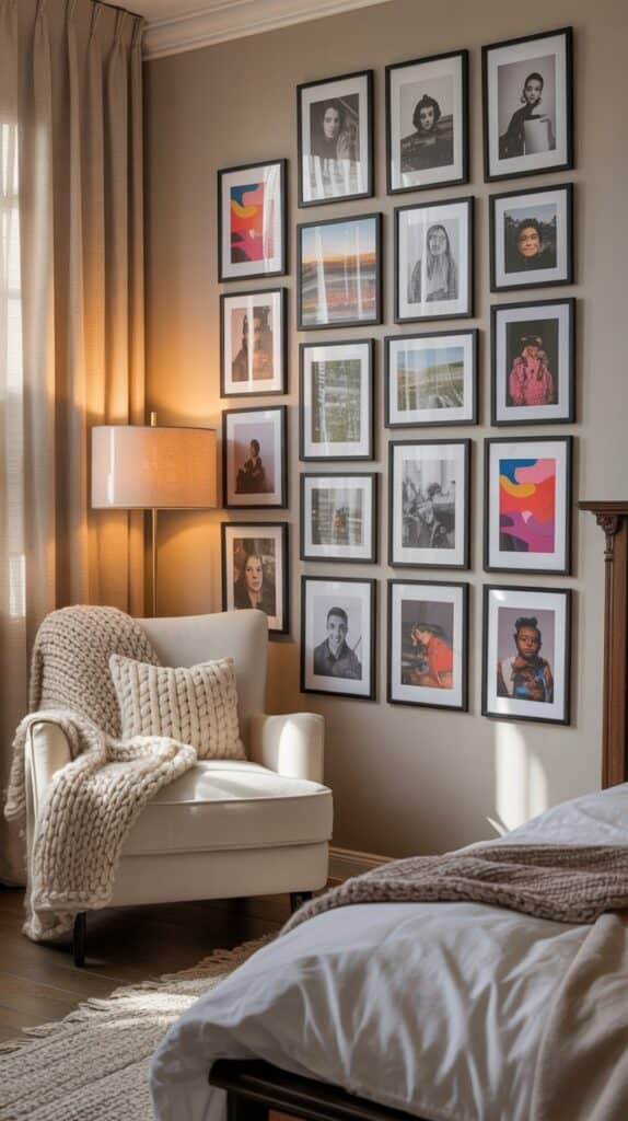 Cozy bedroom featuring a wall of personalized photo displays and warm decor elements.