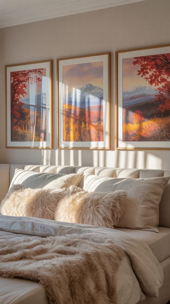 Three framed nature-inspired artworks featuring autumn leaves and mountain landscapes above a bed.