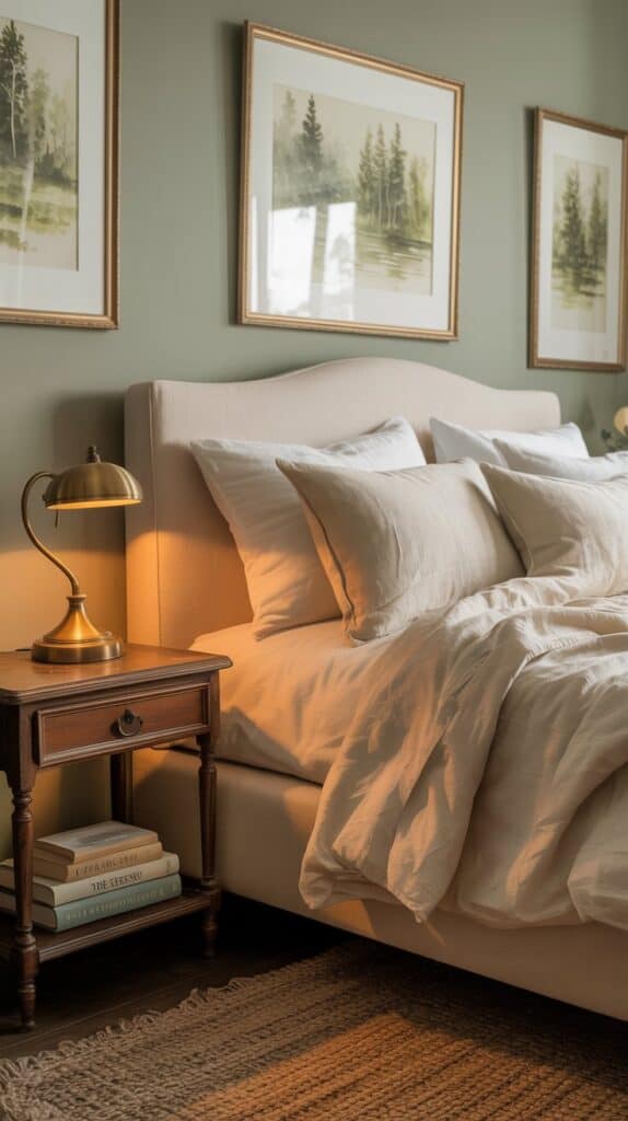 A cozy bedroom with warm lighting fixtures, featuring a bed with soft bedding, a nightstand, and framed artwork on the wall.