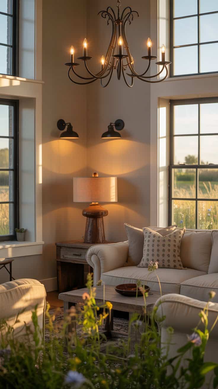 Farmhouse living room featuring a black metal chandelier, industrial wall sconces, and a rustic table lamp