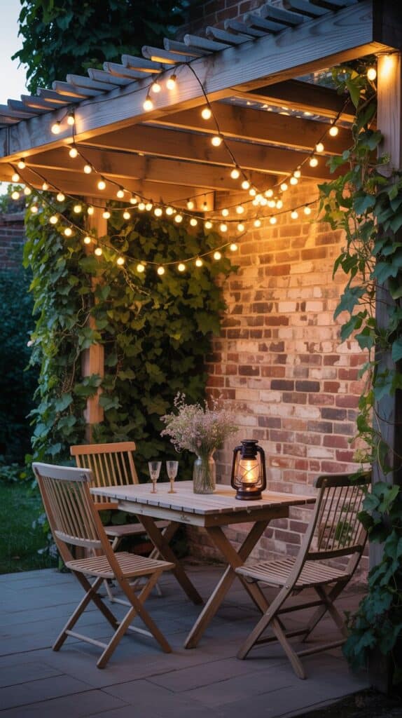 Cozy patio with string lights, wooden table, wildflowers, and vintage lantern.