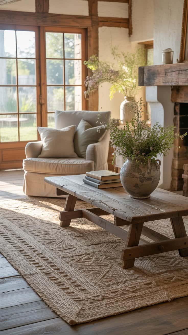 Rustic farmhouse living room with layered textures including a jute rug, wooden coffee table, and linen throw pillows