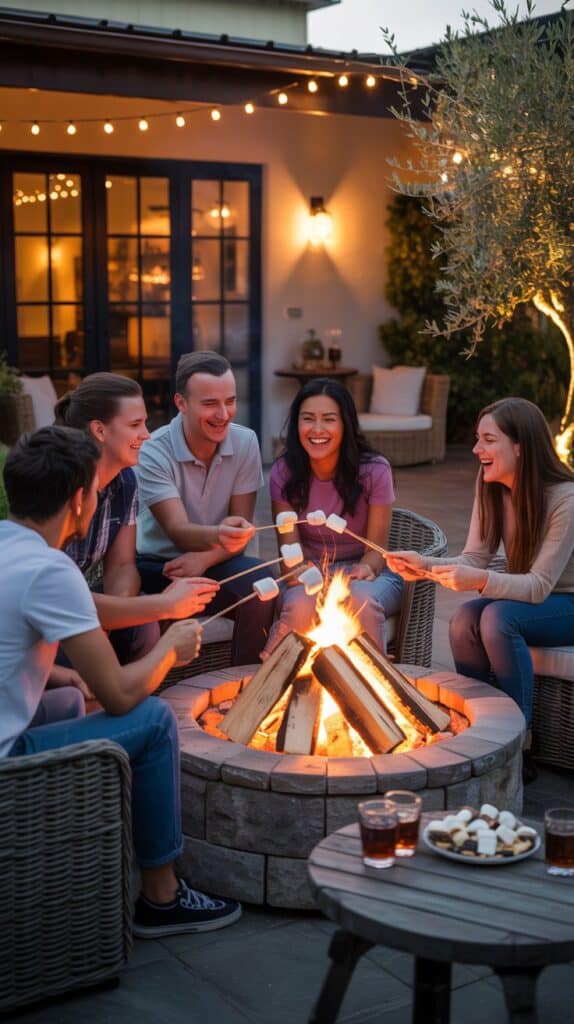 People gathered around a fire pit on a cozy patio in the evening People gathered around a fire pit on a cozy patio in the evening
