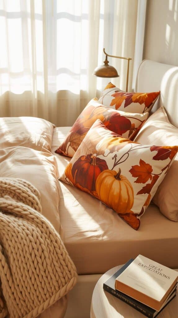 A cozy bed with seasonal decorative pillows featuring autumn themes and warm colors.