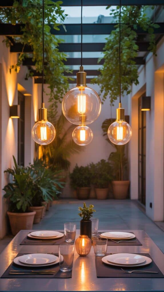 Pendant lights hanging over a patio dining area creating elegant evening ambiance Pendant lights hanging over a patio dining area creating elegant evening ambiance