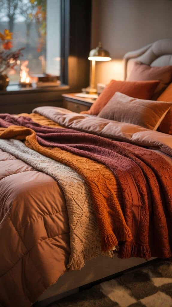 A cozy bed with layered throws and blankets in warm autumn colors.