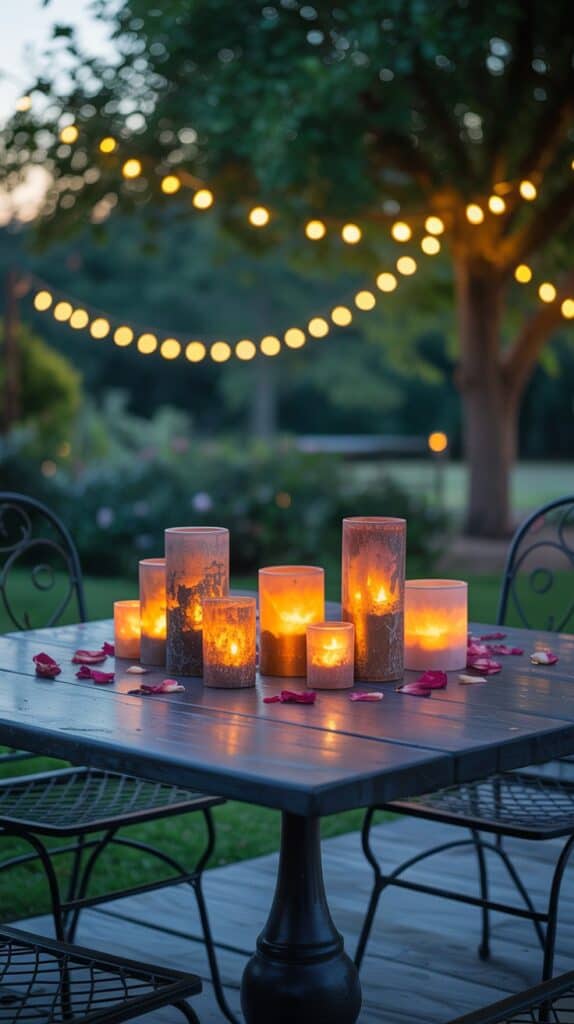 Flameless candles creating a warm glow on a patio table in the evening Flameless candles creating a warm glow on a patio table in the evening