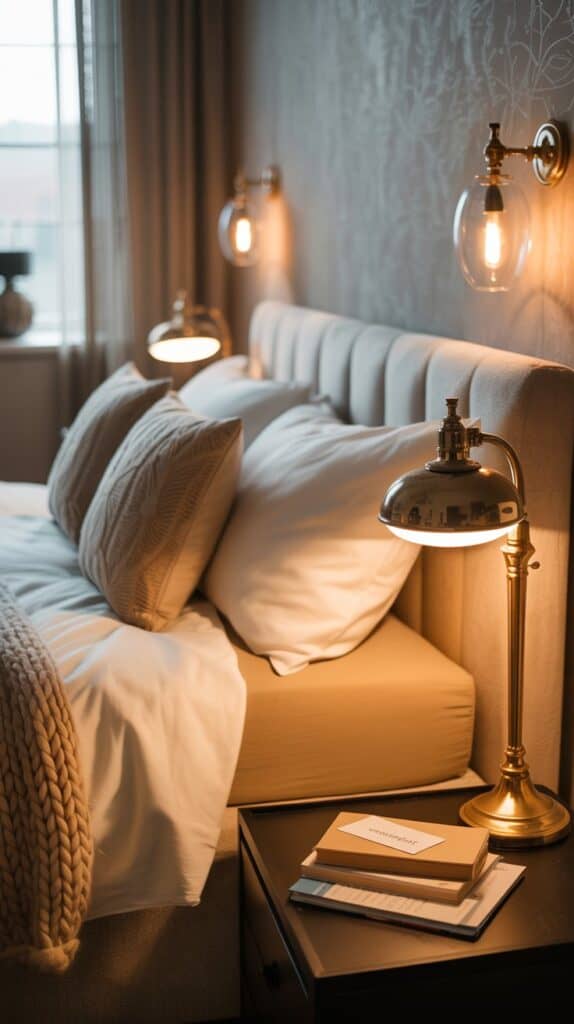 A cozy bedroom with layered lighting, featuring wall sconces and a bedside lamp.
