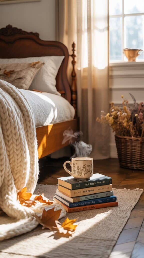 A cozy fall bedroom featuring wooden furniture, soft textiles, and natural decor elements.