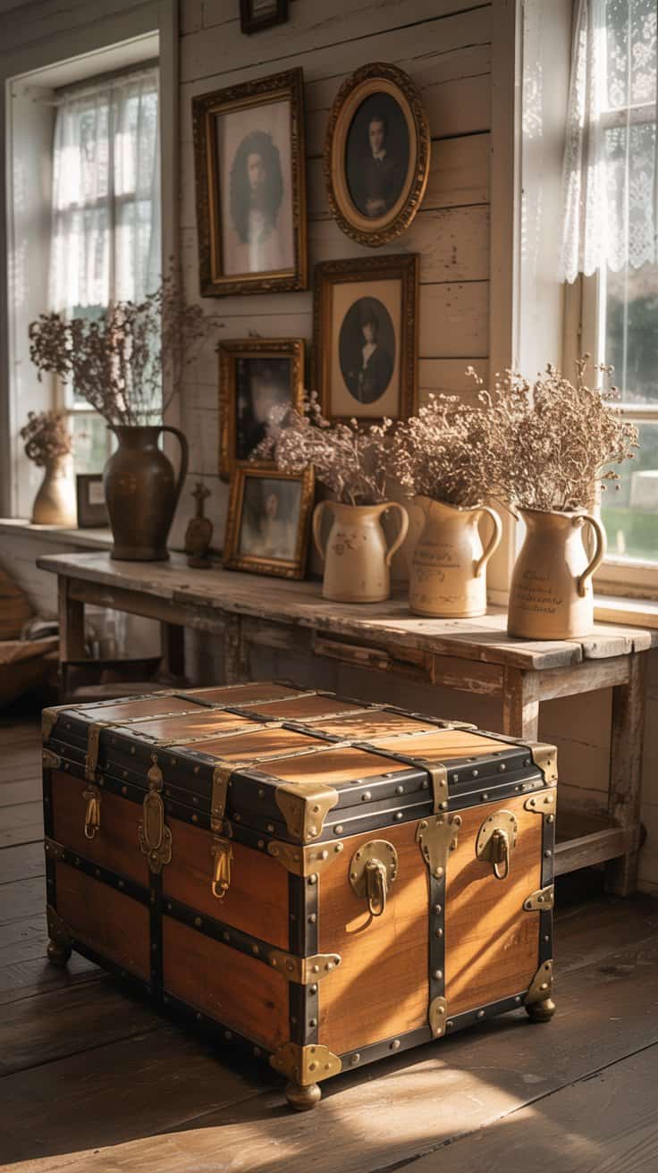 Cozy farmhouse living room with vintage decor including an antique trunk, old frames, and ceramic pitchers