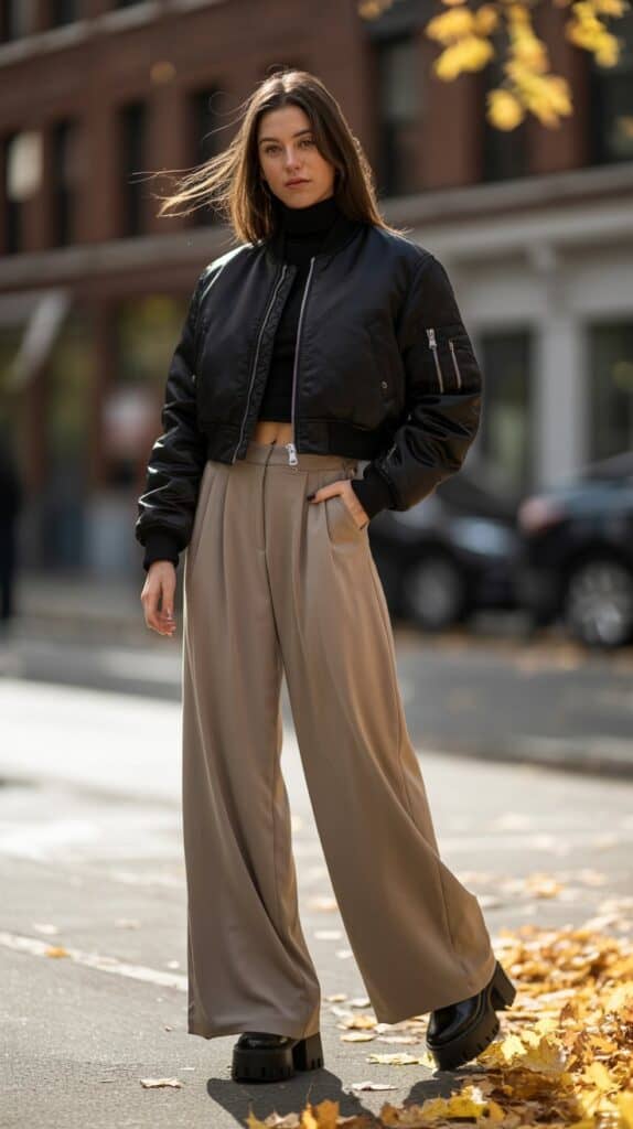 Edgy autumn street style look with a cropped bomber jacket, beige wide-leg pants, and statement black platform boots—urban background with golden leaves swirling.