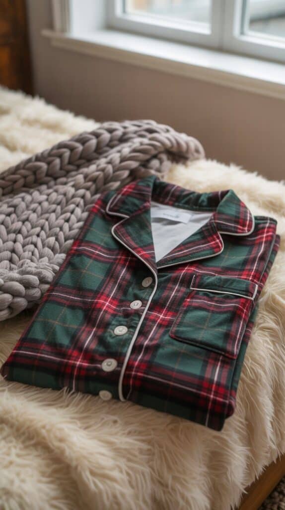A warm plaid pyjamas, folded and laid out on a bed with a cozy blanket.
