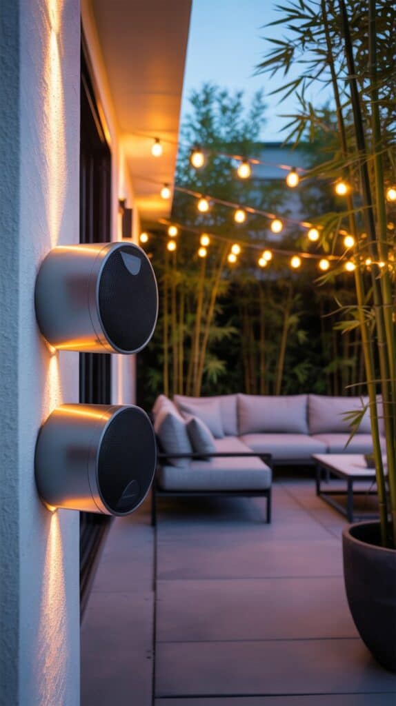 Weatherproof speakers discreetly placed in a patio setting for evening ambiance Weatherproof speakers discreetly placed in a patio setting for evening ambiance