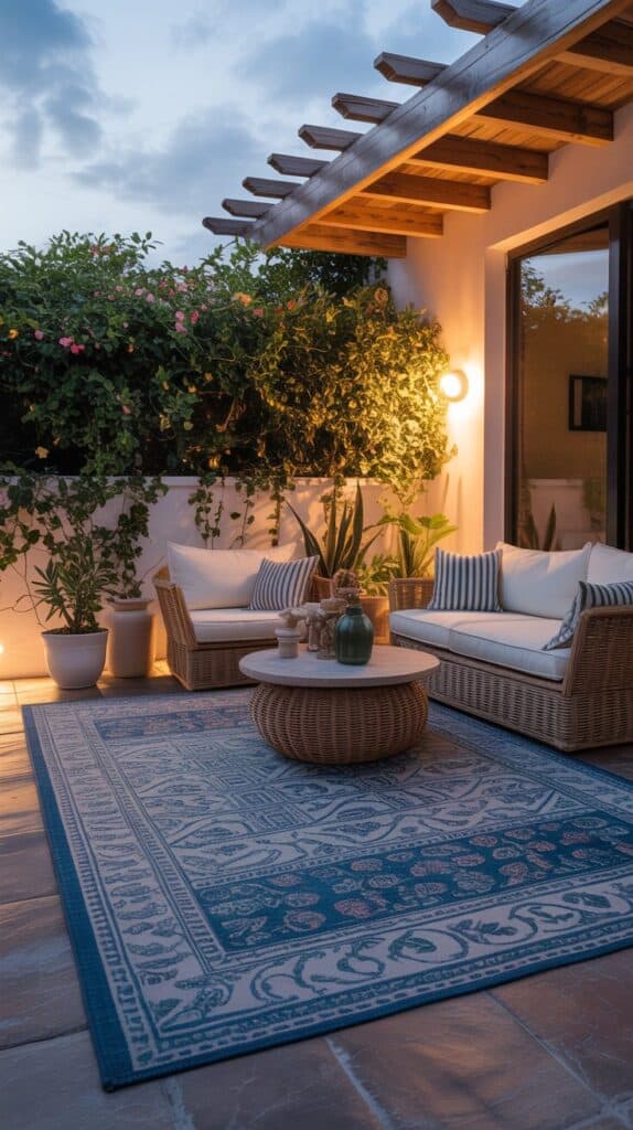 A stylish outdoor rug anchoring a patio seating area in evening light A stylish outdoor rug anchoring a patio seating area in evening light
