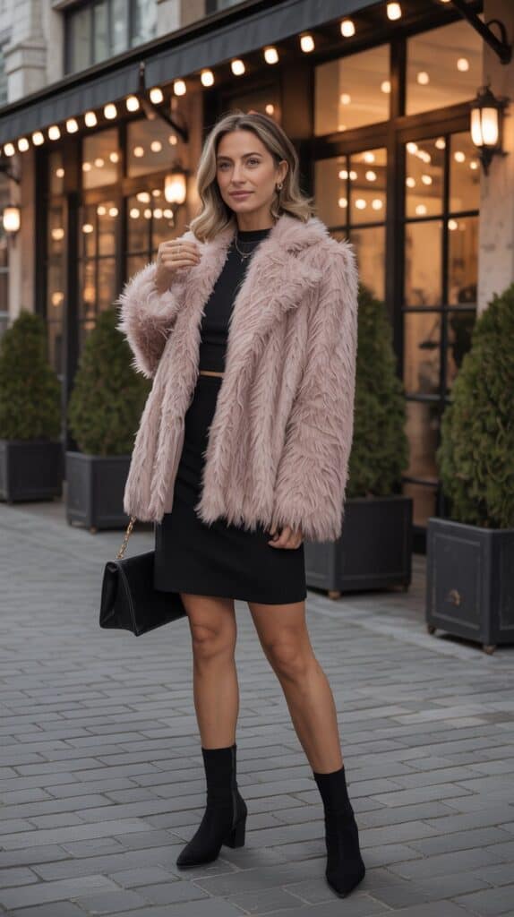 Chic fall outfit featuring a soft faux fur jacket layered over a mini dress with sleek sock boots—styled for an elegant evening setting with warm lighting.